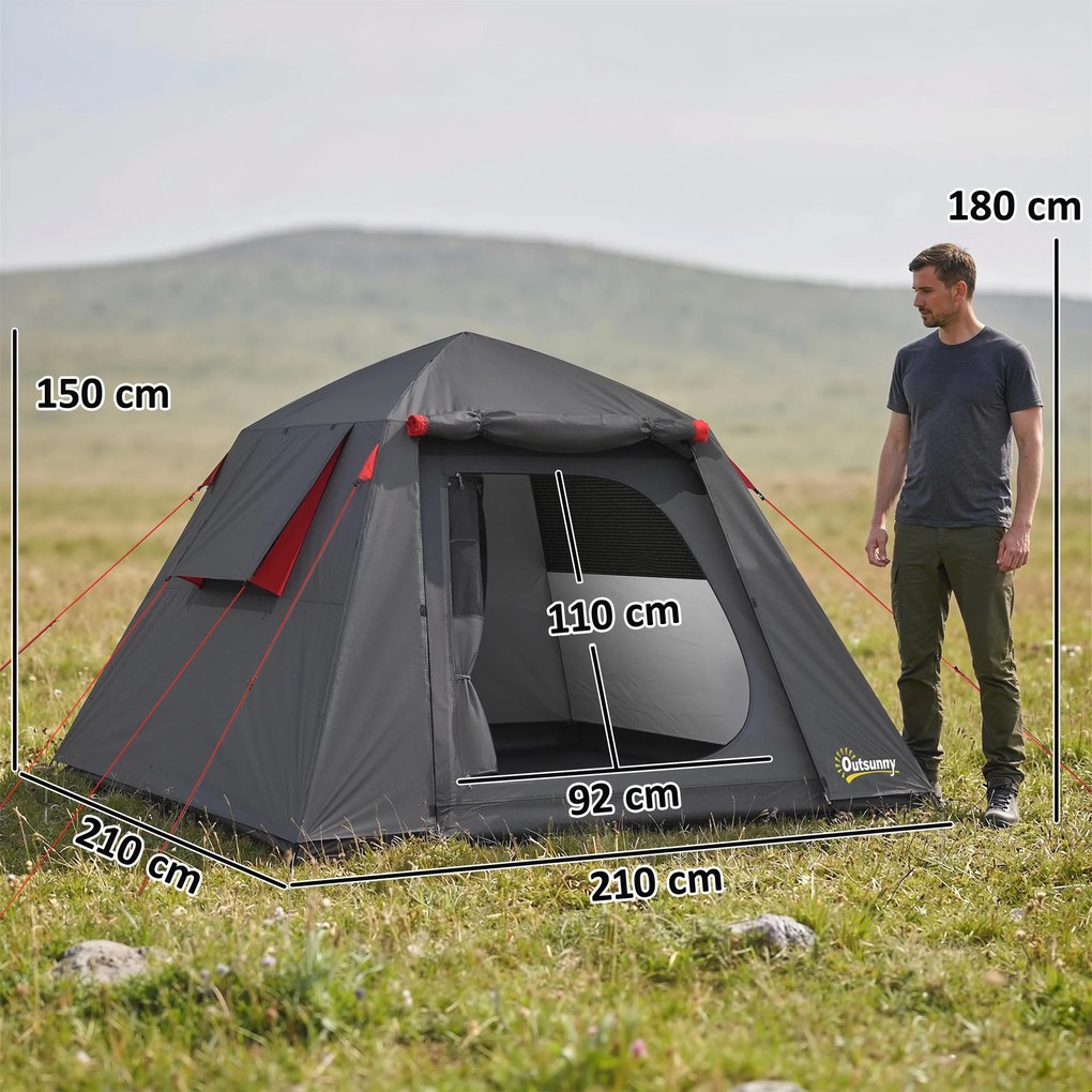 Outsunny Cort camping 2 persoane 3000 mm impermeabil & rezistent la vânt, cort cupolă cu 2 uși, 2 ferestre cu plasă, 2 ferestre laterale, husă de transport | Aosom Romania