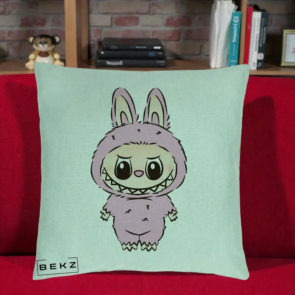Perna Personalizata Labubu Mov Pastel, 40x40 cm, Verde Menta, Husa Detasabila, Perna Inclusa, BEKZ®