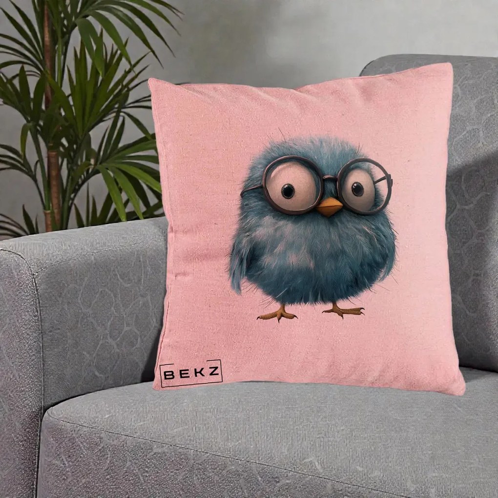 Perna Decorativa Pui Pufos Teal cu Ochelari, 40x40 cm, Roz, Husa Detasabila, Perna Inclusa, BEKZ®