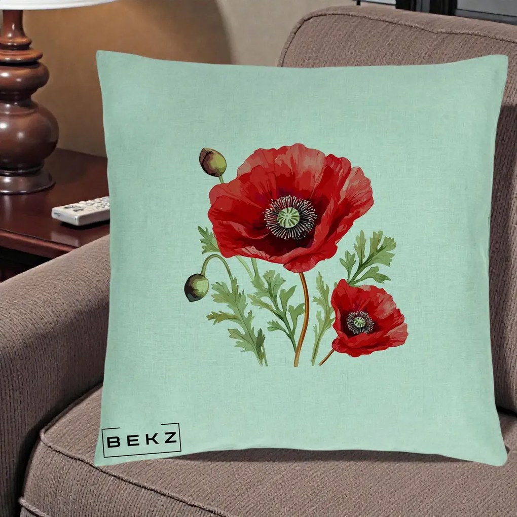Perna Decorativa Maci Rosii Acuarela, 40x40 cm, Verde Menta, Husa Detasabila, Perna Inclusa, BEKZ®