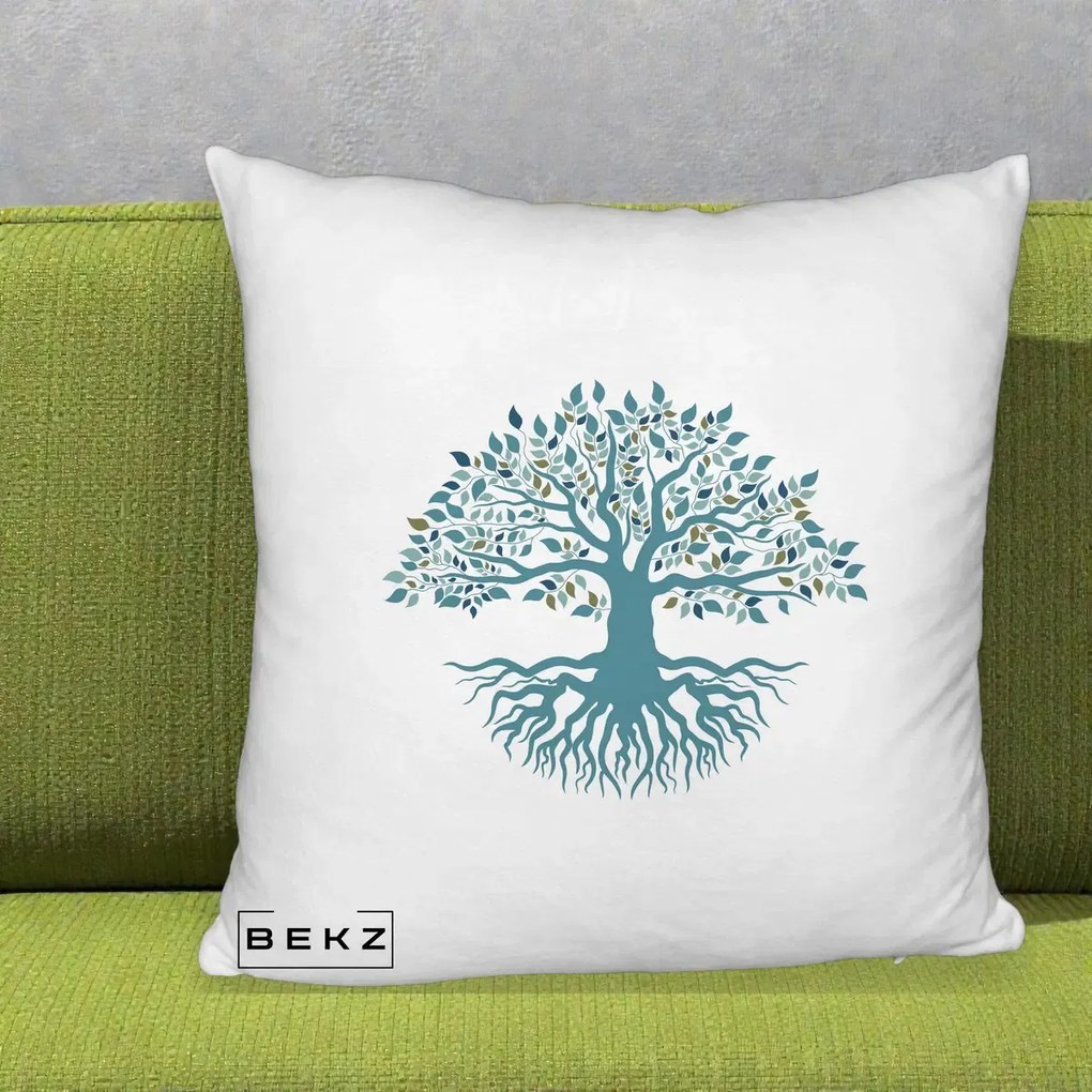 Perna Decorativa Copacul Vietii Teal cu Radacini, 40x40 cm, Alb Pufos, Husa Detasabila, Perna Inclusa, BEKZ®