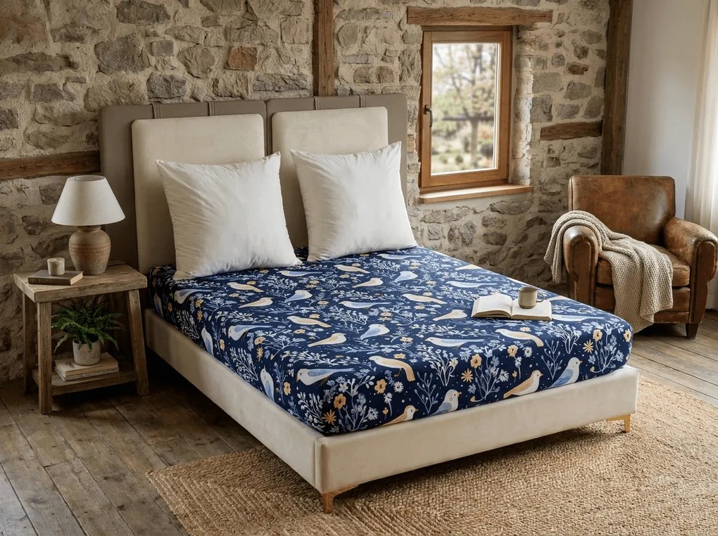 Cearsaf din microfibra DENIM BIRDS albastru 180x200 cm