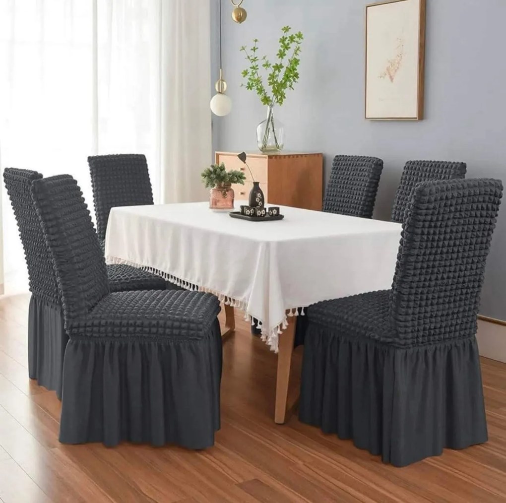 Set 6 huse scaune creponate si elastice, cu volanas, Cenusiu