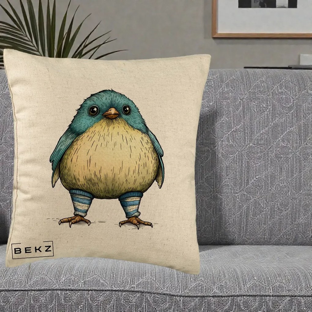 Perna Decorativa Pasare Albastra cu Sosete Albastre, 40x40 cm, Bej, Husa Detasabila, Perna Inclusa, BEKZ®
