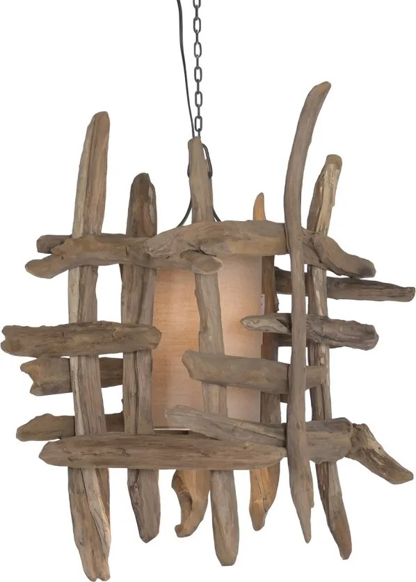 Lustră suspendată din rădăcină de tec reciclat și in, maro, finisaj natural, 79 x 50 cm, „Coucy”