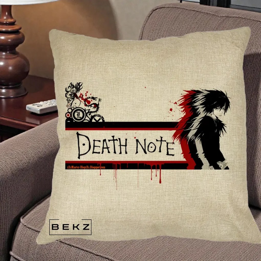 Perna Personalizata Death Note L Lawliet Rosu-Negru, 40x40 cm, Crem, Husa Detasabila, Perna Inclusa, BEKZ®