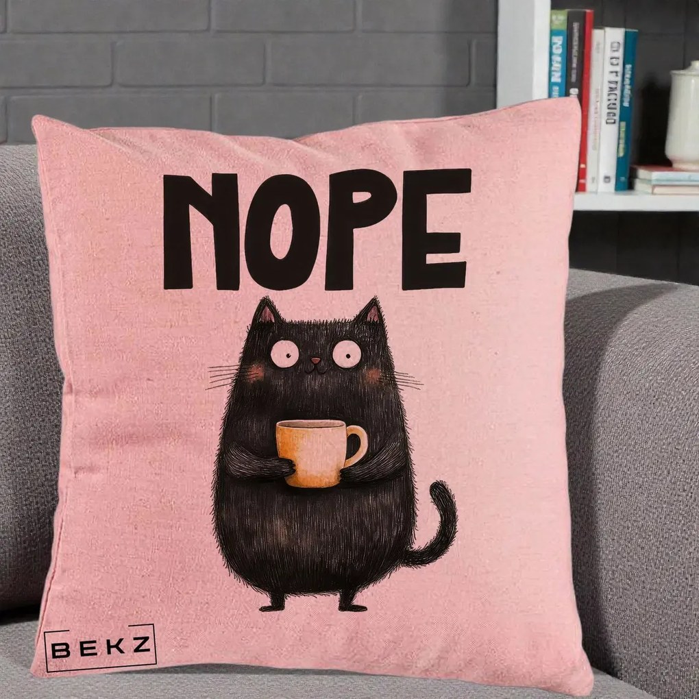 Perna Decorativa NOPE Pisica Neagra Cafea, 40x40 cm, Roz, Husa Detasabila, Perna Inclusa, BEKZ®