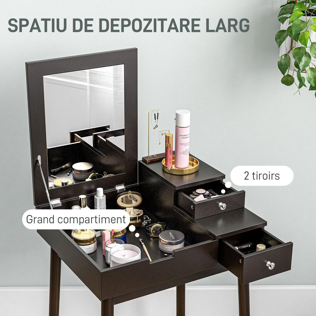 HOMCOM Masă de Machiaj 2 în 1 cu Oglindă Rabatatbilă și 2 Sertare Negru | Aosom Romania