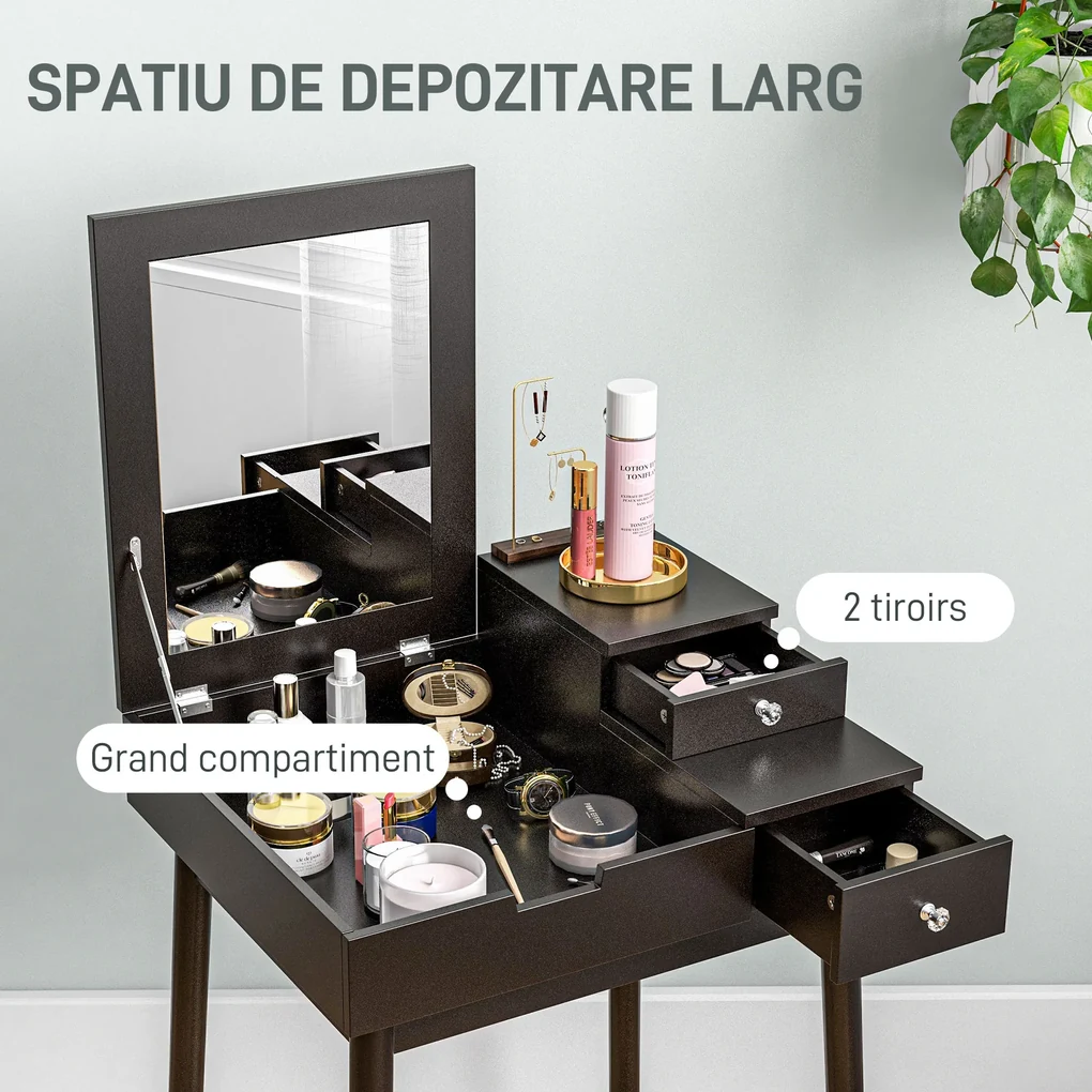 HOMCOM Masă de Machiaj 2 în 1 cu Oglindă Rabatatbilă și 2 Sertare Negru | Aosom Romania