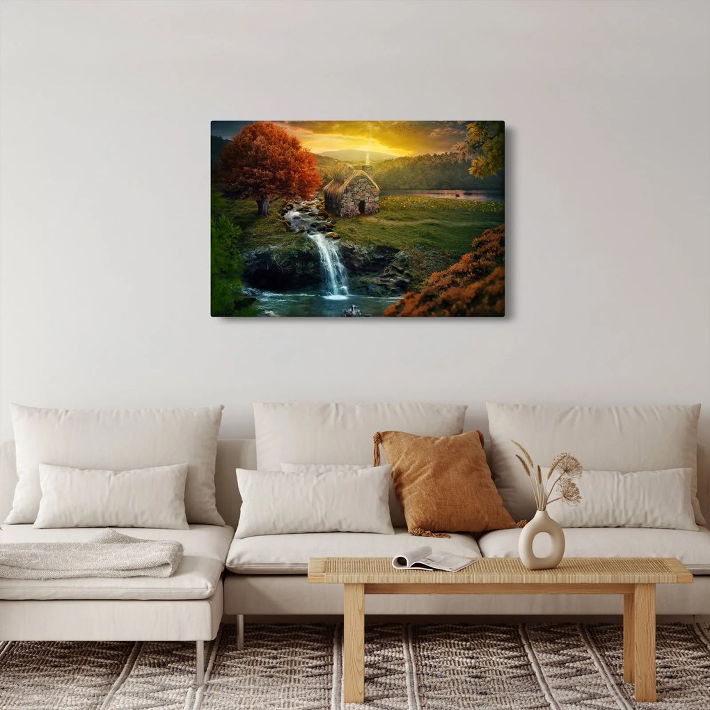 Tablou cu căbănuță în peisaj de poveste (90x60 cm)