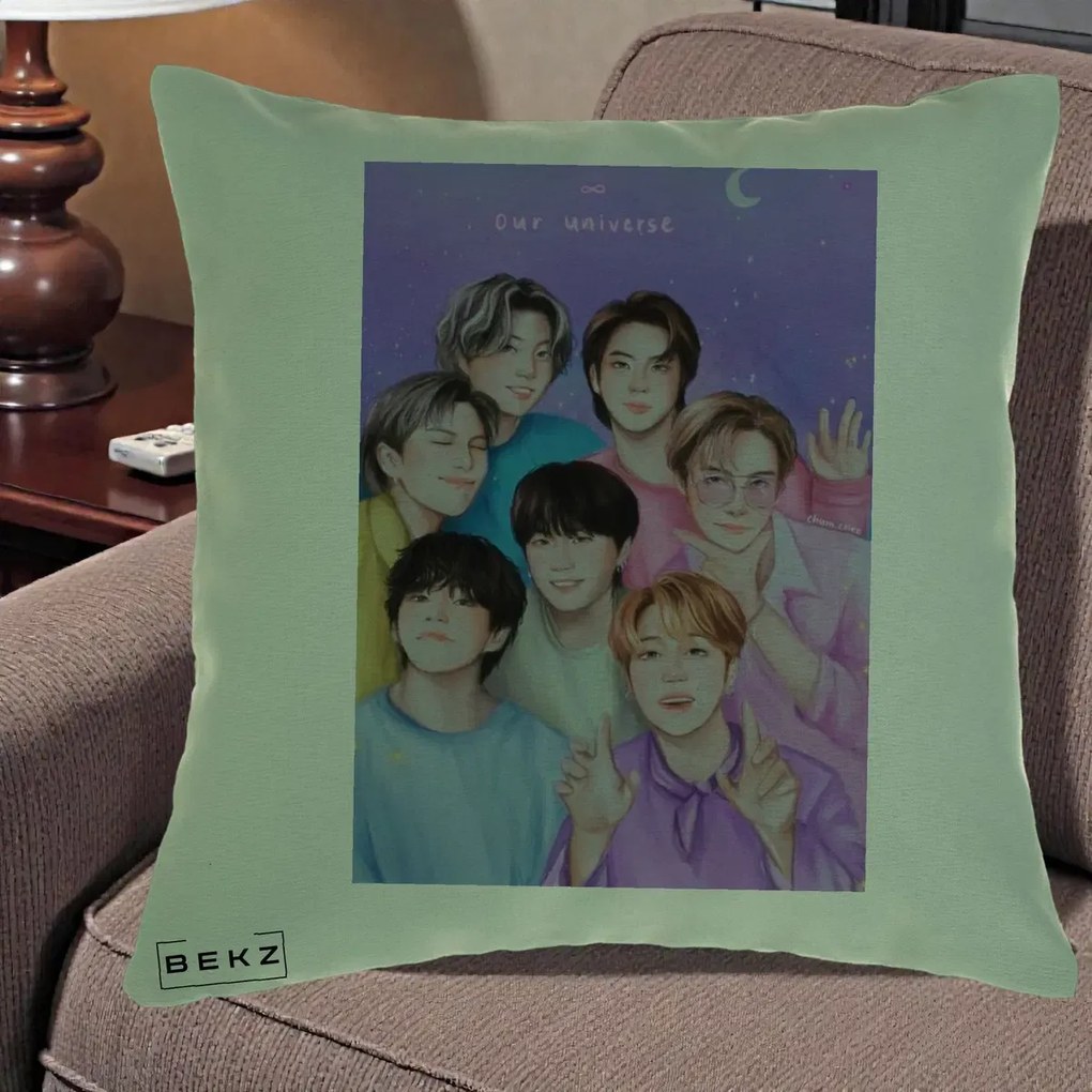 Perna Personalizata K-pop BTS Our Universe Fanart Violet Pastel, 40x40 cm, Verde, Husa Detasabila, Perna Inclusa, BEKZ®