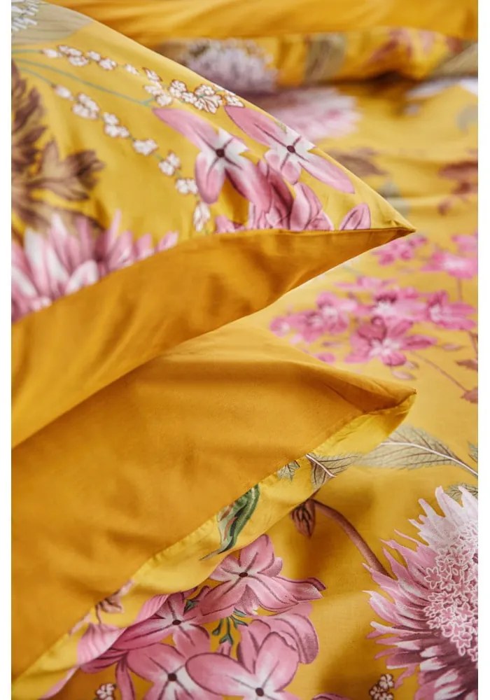 Lenjerie de pat din bumbac satinat pentru pat single Bonami Selection Blossom, 140 x 200 cm, ocru