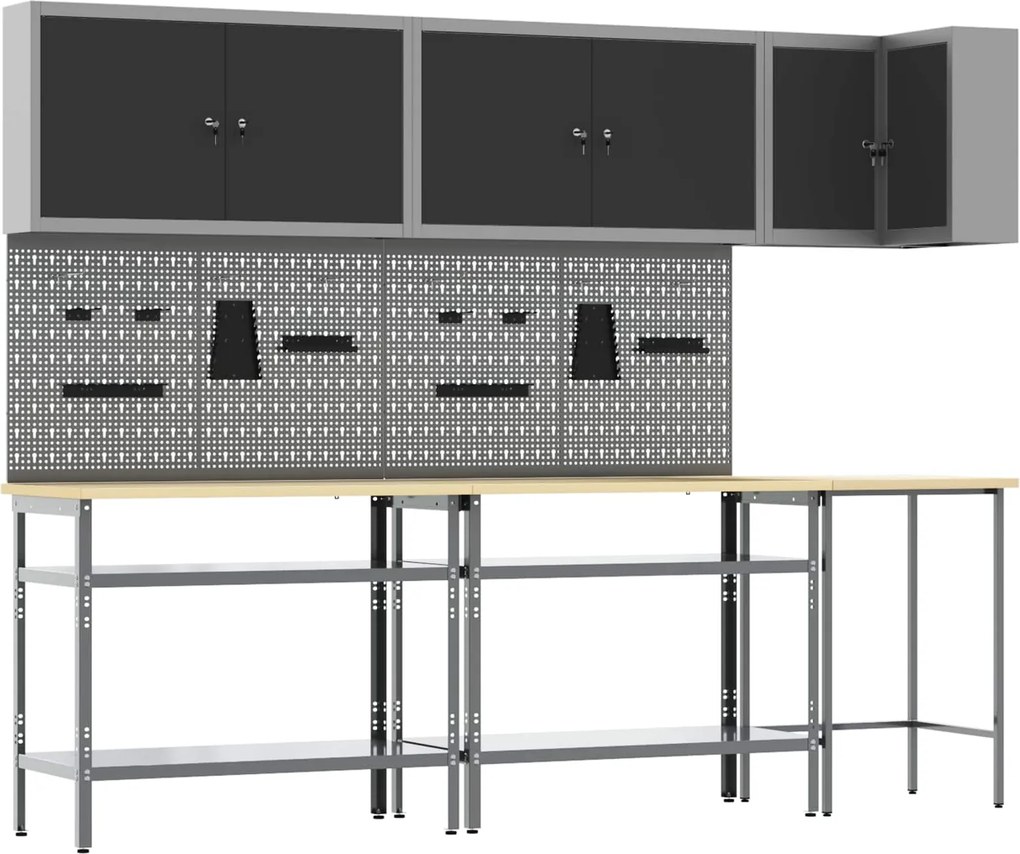 vidaXL Set de dulapuri de lucru cu raft Manual 10 pcs Negru și Gri