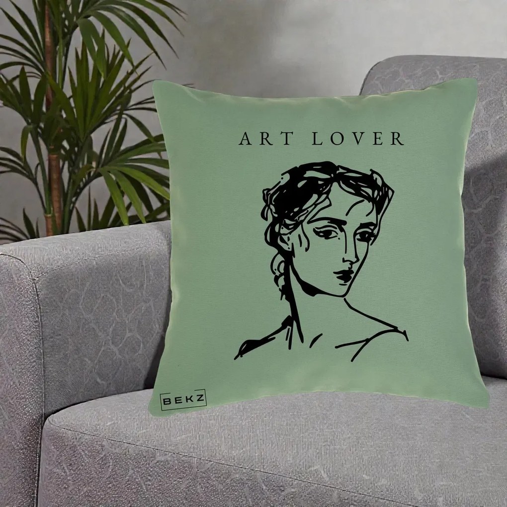 Perna Decorativa Art Lover Portret Grafic, 40x40 cm, Verde, Husa Detasabila, Perna Inclusa, BEKZ®