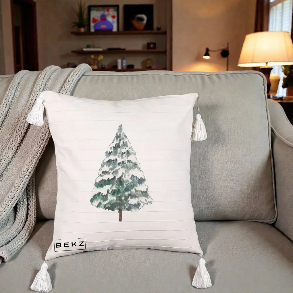 Perna Decorativa cu Franjuri cu tematica de Craciun, Brad 2, 40x40 cm, Bej cu Franjuri, Husa Detasabila, Perna Inclusa, BEKZ®