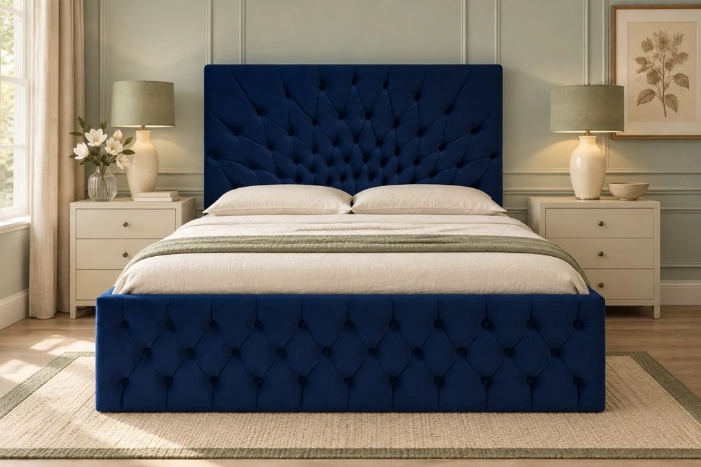 Pat tapițat Chesterfield din catifea Venezia 180×200 cm, bleumarin, cu ladă de depozitare