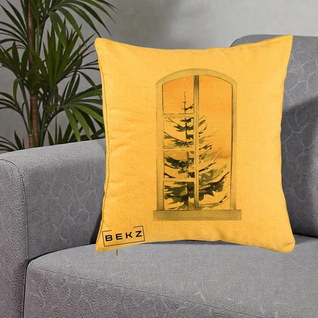 Perna Decorativa Fereastra cu Brad de Iarna, 40x40 cm, Galben, Husa Detasabila, Perna Inclusa, BEKZ®