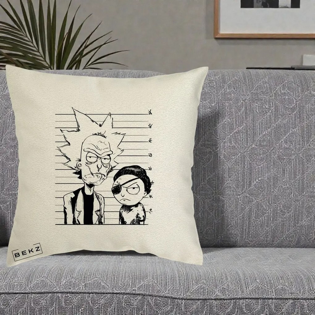 Perna Personalizata Rick si Morty Dosar, 40x40 cm, Ecru, Husa Detasabila, Perna Inclusa, BEKZ®