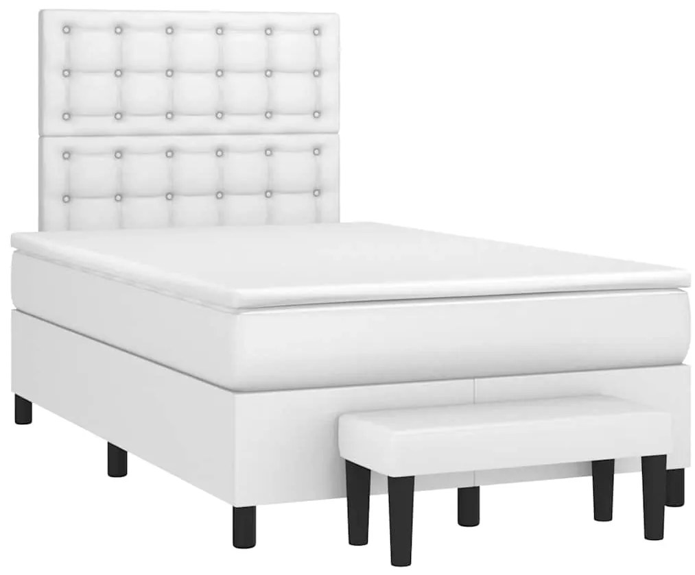 vidaXL Pat box spring cu saltea, alb, 120x190 cm, piele ecologică