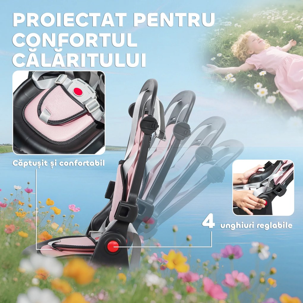 AIYAPLAY Tricicletă 6 în 1 pentru Copii, cu Mâner Parental și Scaun Rotativ, 111,5x52x98 cm, Roz | Aosom Romania