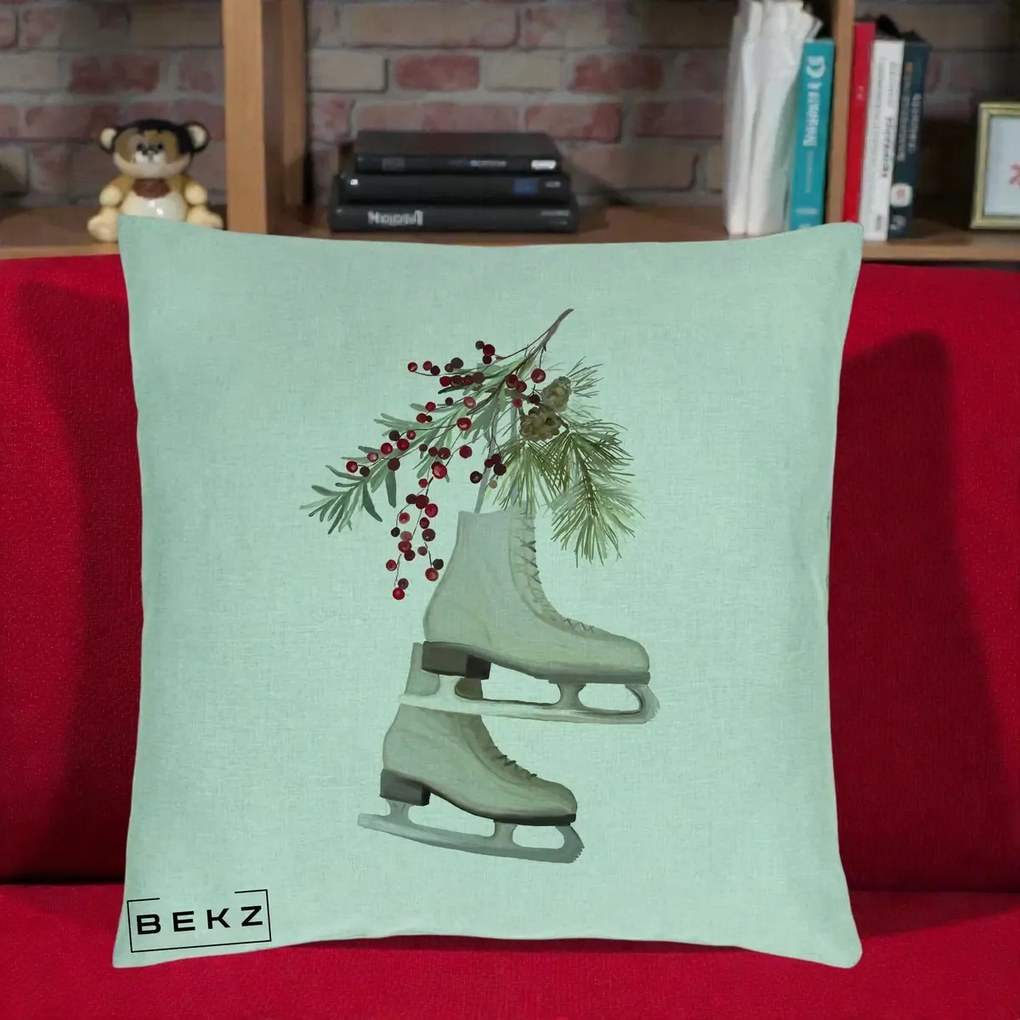 Perna Decorativa Patine cu Ramuri de Brad si Afine, 40x40 cm, Verde Menta, Husa Detasabila, Perna Inclusa, BEKZ®