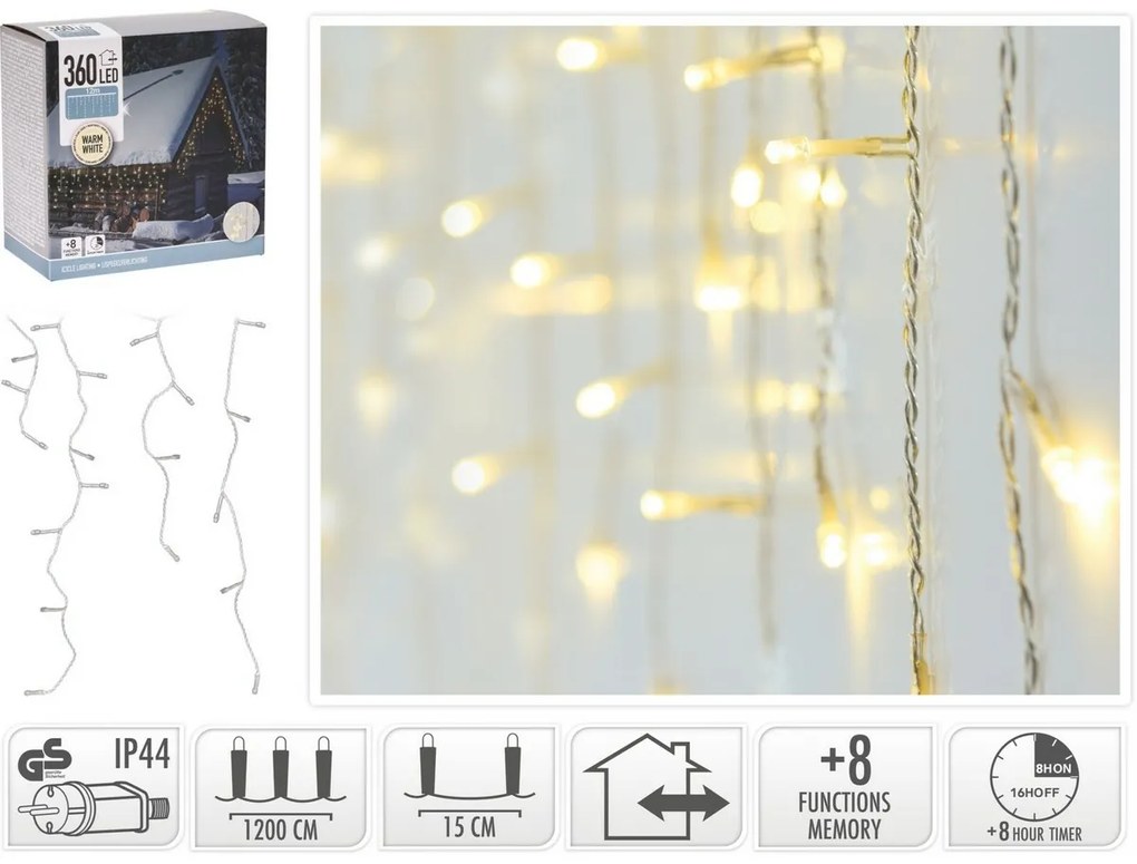 Lanț exterior Rampouchy 12 m, 360 LED, alb cald, temporizator, IP44