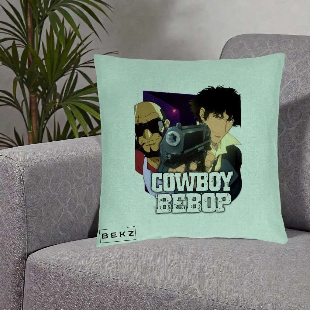 Perna Personalizata Cowboy Bebop Spike si Jet Poster, 40x40 cm, Verde Menta, Husa Detasabila, Perna Inclusa, BEKZ®