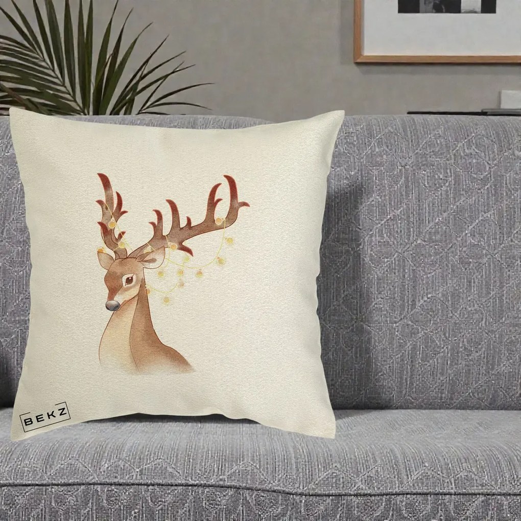Perna Decorativa Ren cu Luminite de Craciun, 40x40 cm, Ecru, Husa Detasabila, Perna Inclusa, BEKZ®