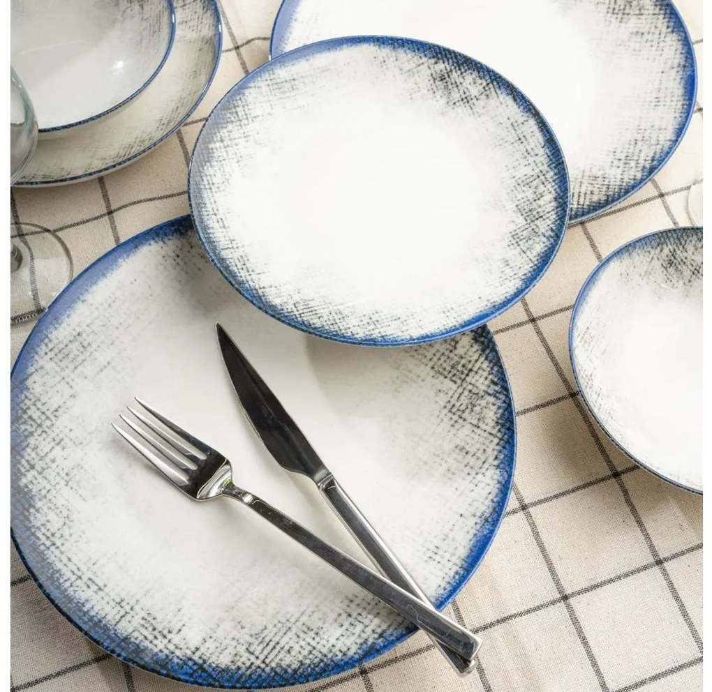 Set de veselă din porțelan, 24 piese, alb/albastru