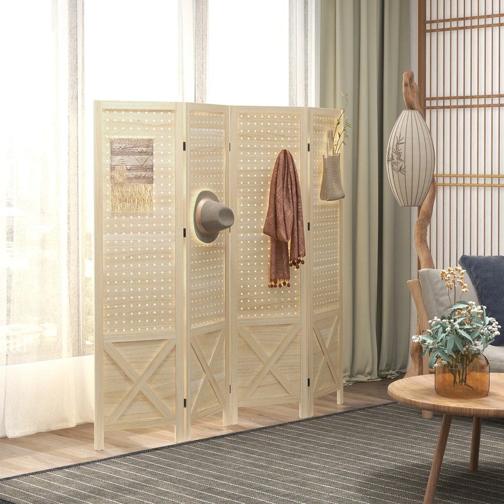 HOMCOM, Paravan interior din lemn, 4 panouri, separator de cameră pliabil, panou perforat, 152 x 1,7 x 144,5 cm, lemn natural | Aosom Romania
