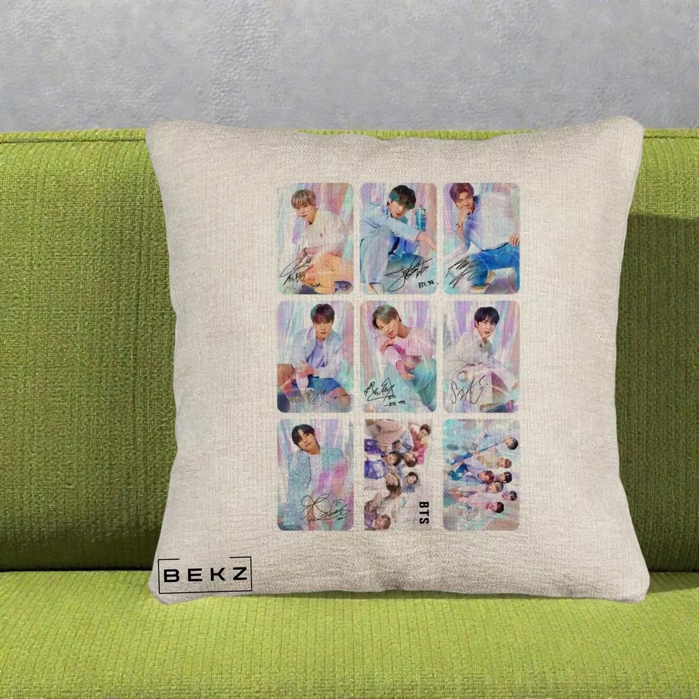 Perna Personalizata K-pop BTS Colaj 9 Fotografii Autografe Individual, 40x40 cm, Bej Canapea, Husa Detasabila, Perna Inclusa, BEKZ®