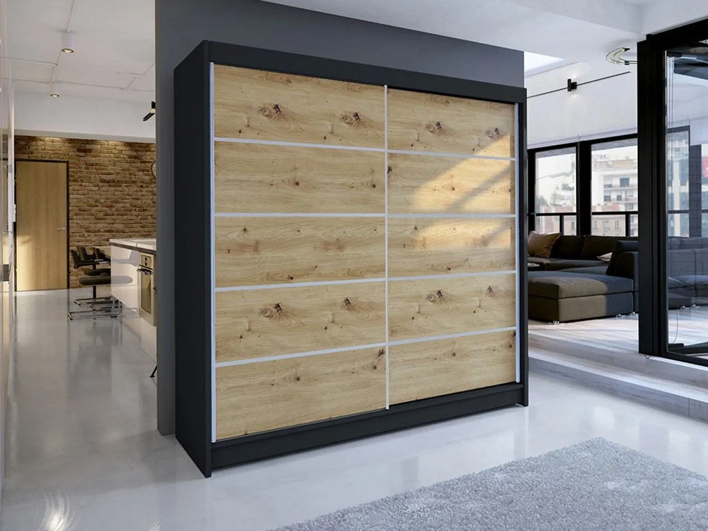Dulap cu uși glisante Bastian IV (negru + stejar artizanal) (fără iluminare). Promo -17%. 1060470