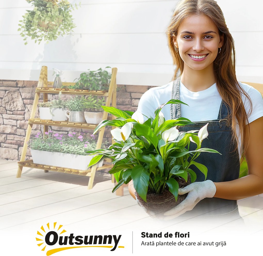 Outsunny Suport pentru Plante Pliabil, Jardinieră cu 3 Niveluri, Raft de Exterior pentru Plante, 80x37x93 cm, Lemn Natural | Aosom Romania
