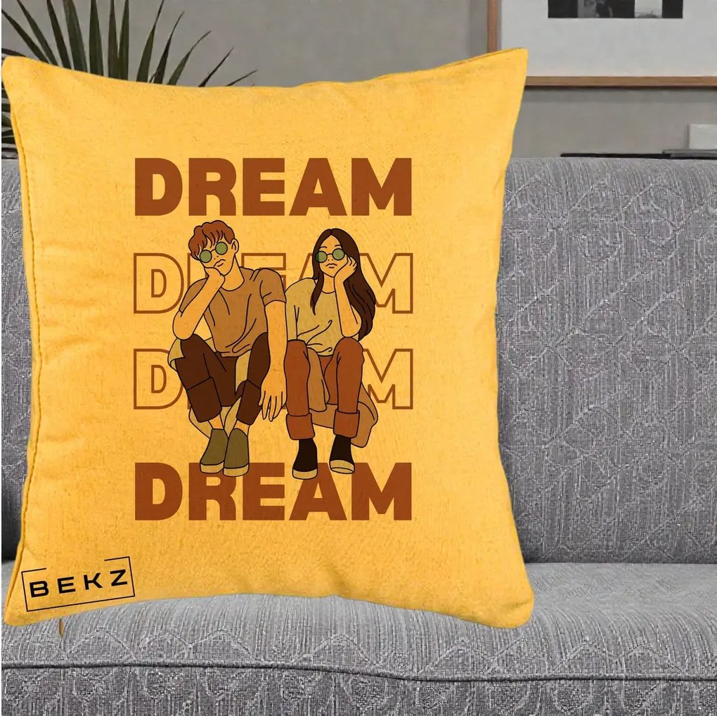 Perna Decorativa Dream Couple Aesthetic, 40x40 cm, Galben, Husa Detasabila, Perna Inclusa, BEKZ®
