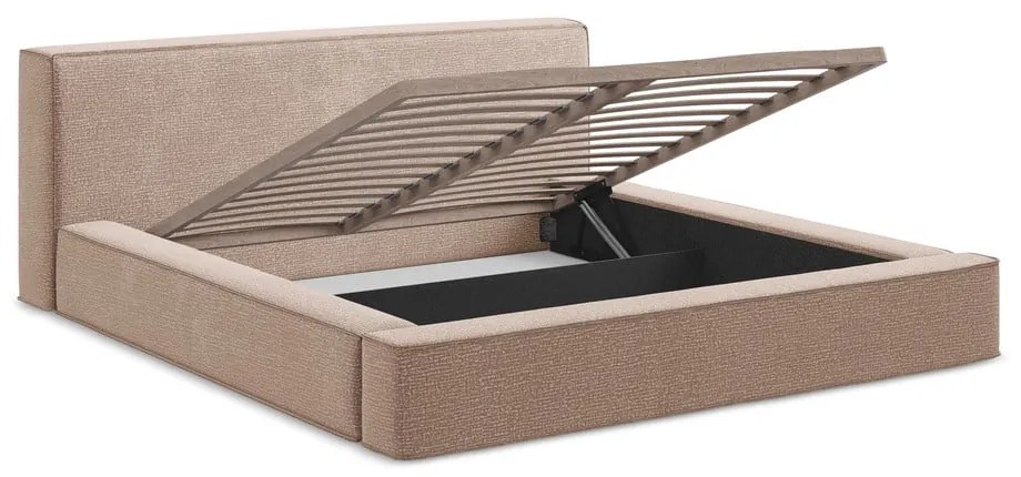 Pat dublu tapițat roz pal cu spațiu de depozitare cu grilă 160x200 cm Noho - Makamii