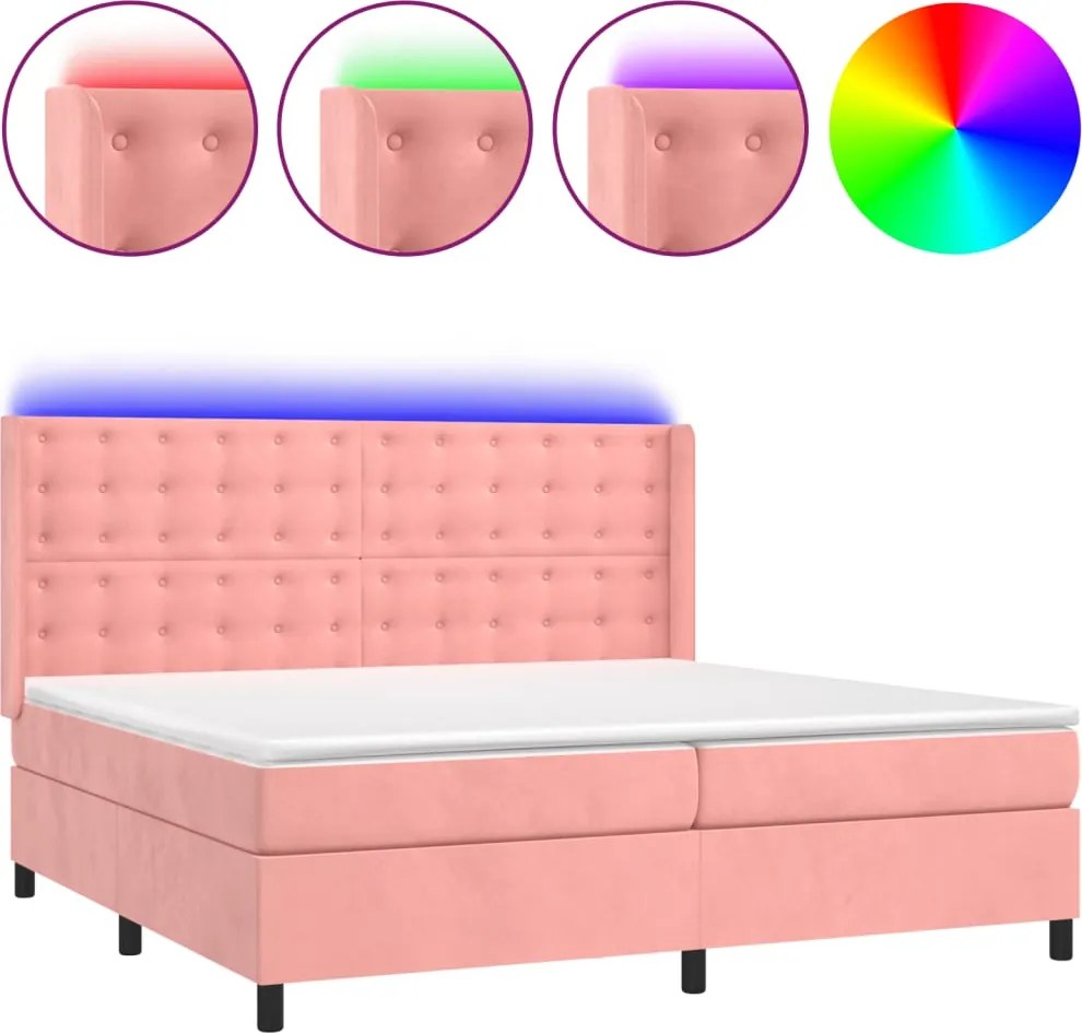 vidaXL Pat continental cu saltea & LED, roz, 200x200 cm, catifea