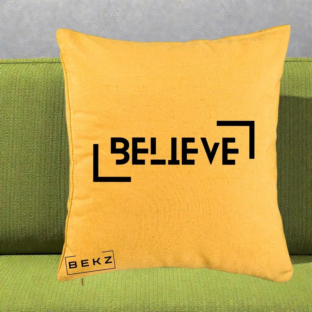 Perna Decorativa Believe Minimalist, 40x40 cm, Galben, Husa Detasabila, Perna Inclusa, BEKZ®