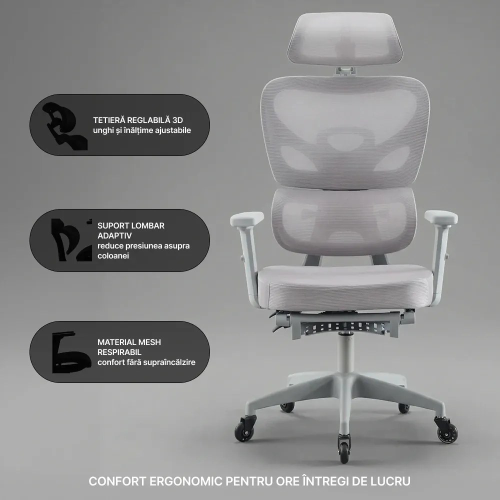RESIGILAT- Scaun ergonomic, cotiere 3D, suport lombar adaptiv, spătar reglabil pe inaltime, tetiera 3D, suport pentru picioare, pivotant, Mesh, Gri
