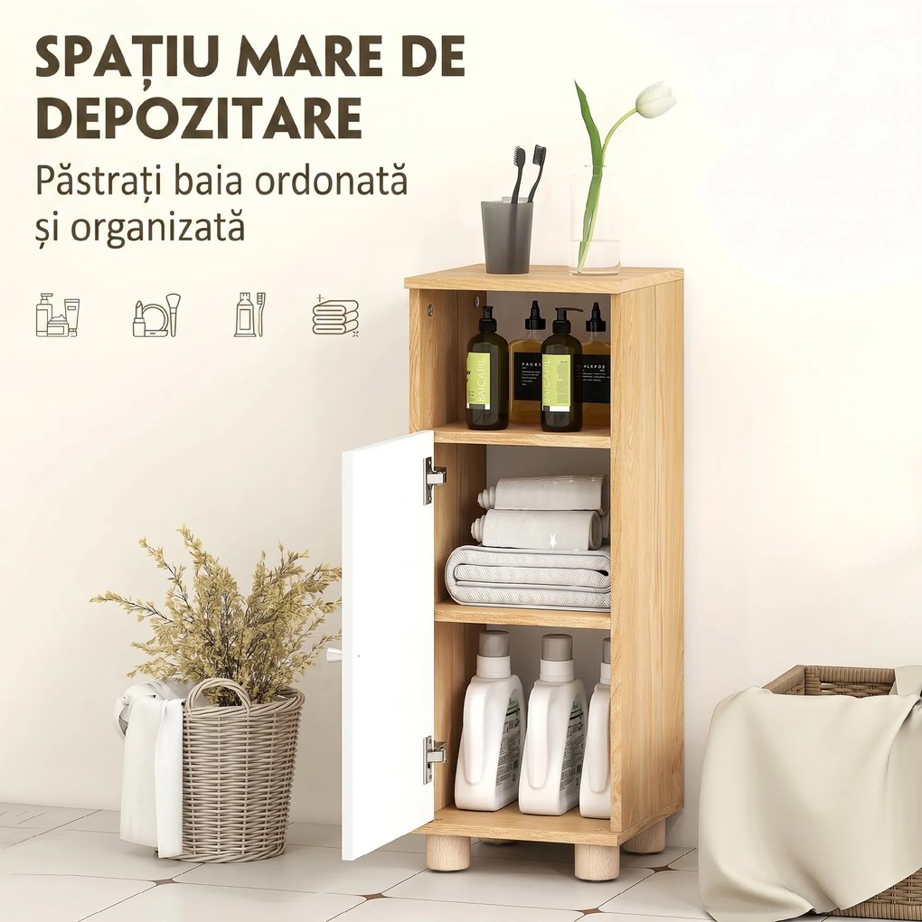 HOMCOM Dulap de Baie cu Dulăpior cu 2 Rafturi și Compartiment Deschis, Alb și Lemn | Aosom Romania