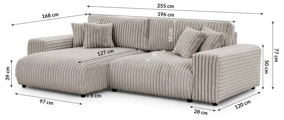 Colțar gri deschis extensibil, cu spațiu de depozitare, cu tapițerie din catifea reiată (cu colț pe partea stângă) Sarina – Ropez