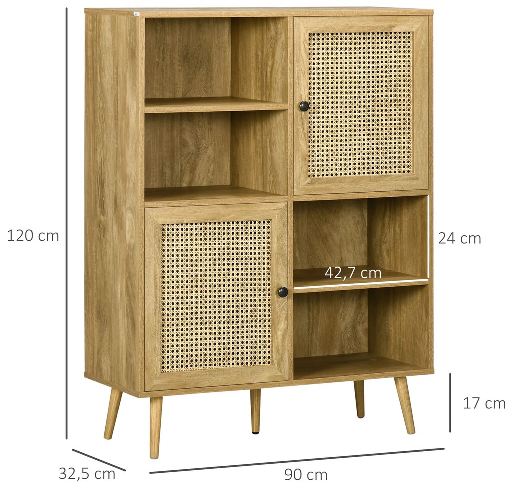 HOMCOM Bufet mobilier de depozitare dulap înalt aspect lemn și răchită design 2 uși - dim. 90L x 32,5l x 120Î cm | Aosom Romania