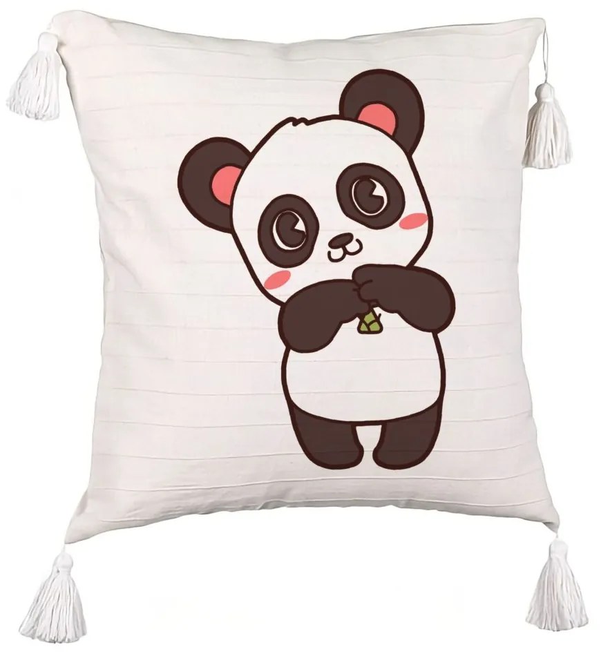 Perna Decorativa cu Franjuri, Model Urs Panda, 45x45 cm, Ecru, Cu fermoar