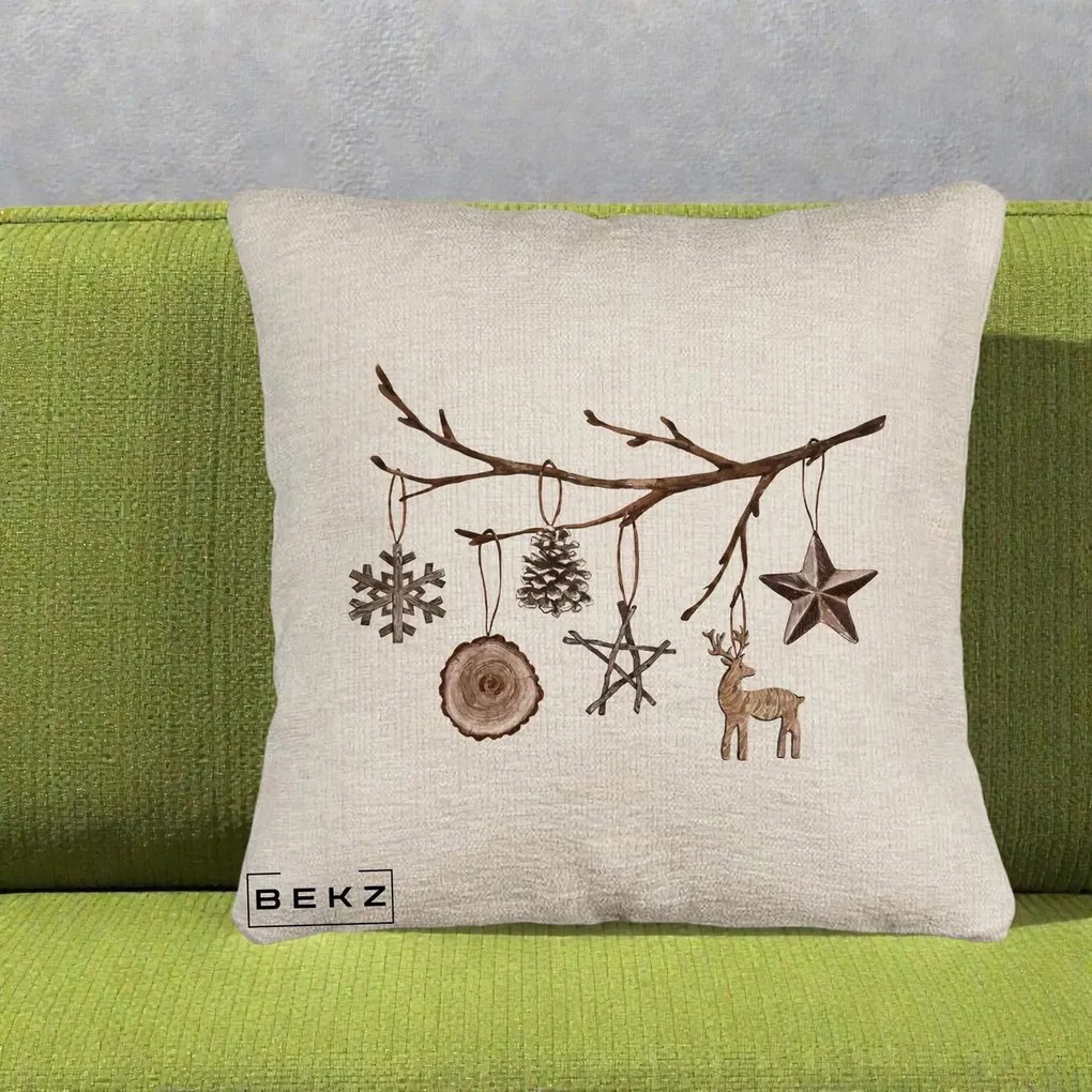 Perna Decorativa Ornamente de Lemn pe Ramura, 40x40 cm, Bej Canapea, Husa Detasabila, Perna Inclusa, BEKZ®