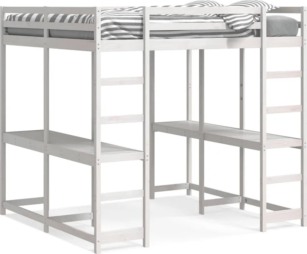 vidaXL Cadru pat supraetajat cu birou/scară, alb, 180x200 cm, lemn pin