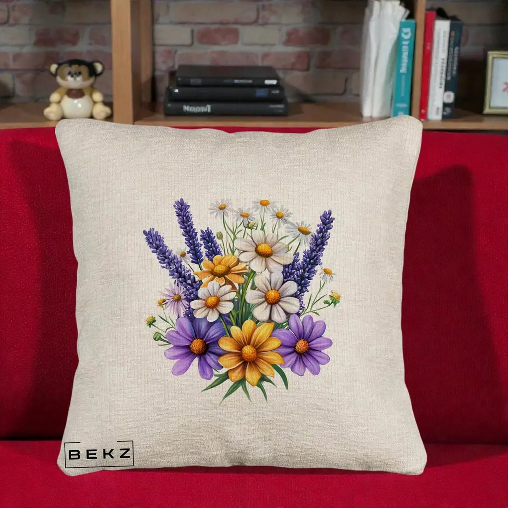 Perna Decorativa Lavanda Musetel si Flori Mov, 40x40 cm, Bej Canapea, Husa Detasabila, Perna Inclusa, BEKZ®