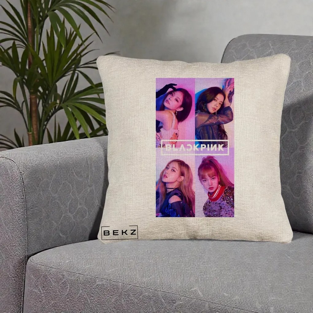 Perna Personalizata K-pop BLACKPINK Poster Colaj 4 Membre Violet Roz, 40x40 cm, Bej Canapea, Husa Detasabila, Perna Inclusa, BEKZ®