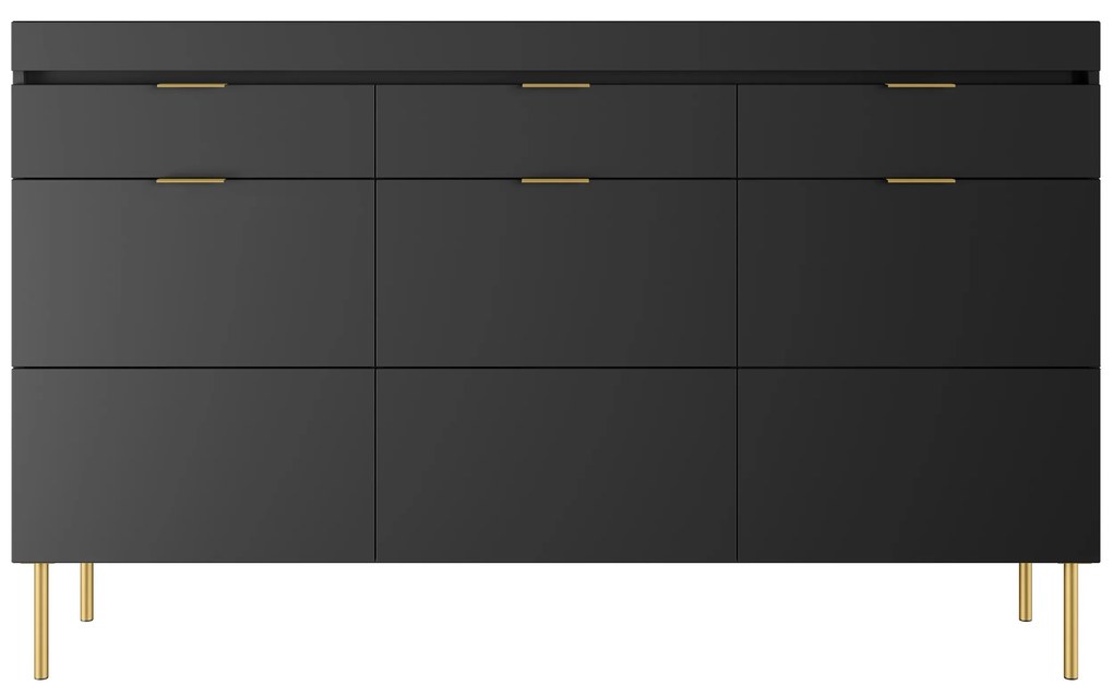 Comodă Sentia 157 cm cu trei uși și trei sertare - negru / auriu