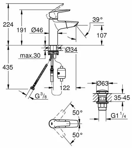 Baterie lavoar cu dus extractibil Grohe Start crom lucios cu ventil Click-Clack