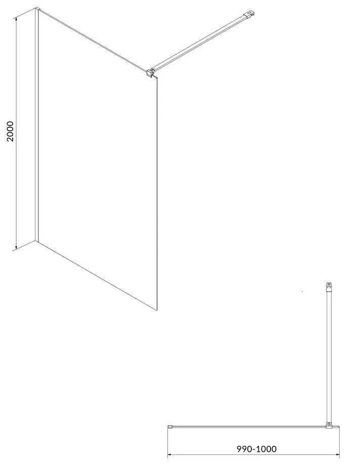 Set paravan dus walk-in 100x200 cm Cersanit Mille, profil crom, cu  bara, para dus si furtun, Hansgrohe si baterie dus, culoare crom, Cersanit Suaro