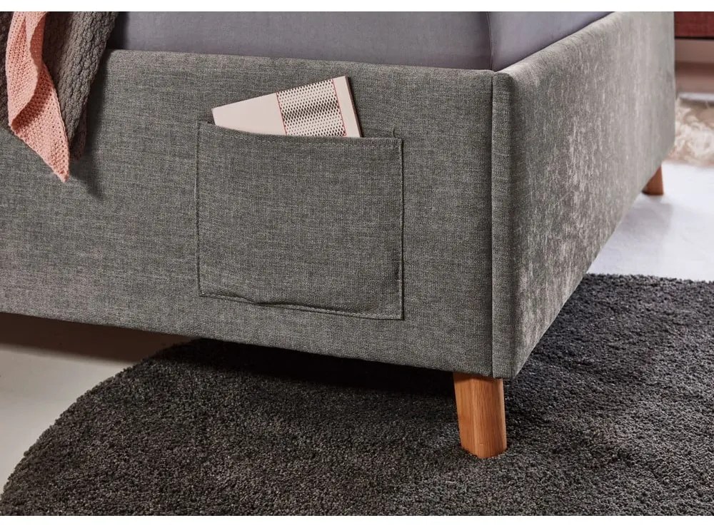 Pat pentru copii gri tapițat cu spațiu de depozitare cu somieră 90x200 cm Fun – Meise Möbel